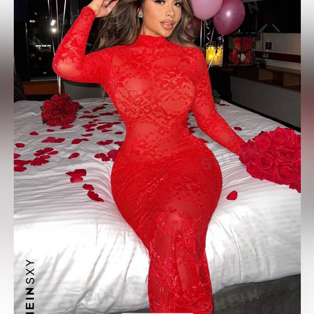Shein red dress sexy mesh